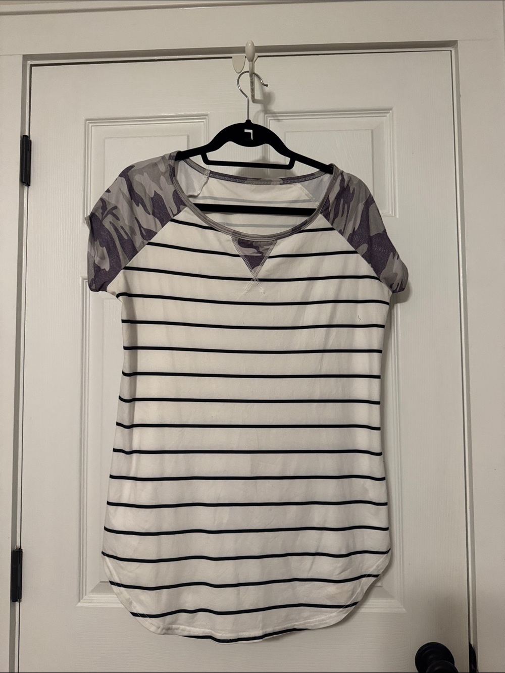 Striped Raglan Tee with Purple Camo Sleeves pit to pit 20”